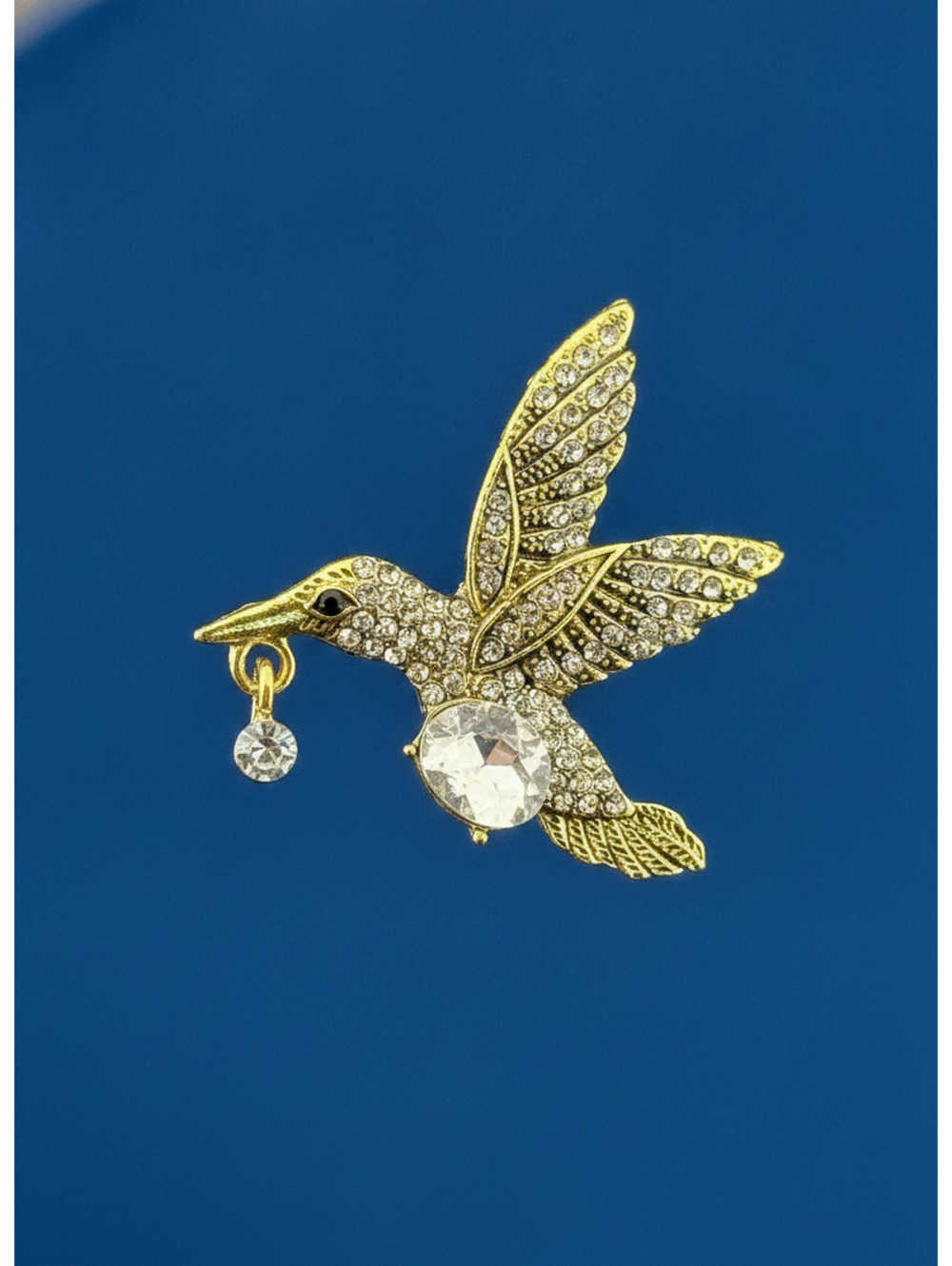 Gold Tone Crystal Hummingbird Brooch Pin